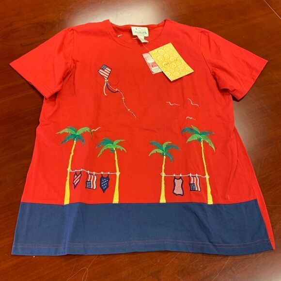 Quacker Factory 4th of July Beach American Flag Kite Patriotic T-Shirt sz L NWT - Picture 1 of 5